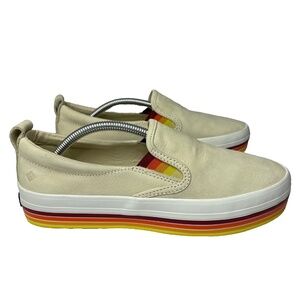 Sperry Top Sider Boat Shoes Womens 7.5 Tan Rainbow Pride Slip On Leather Sneaker